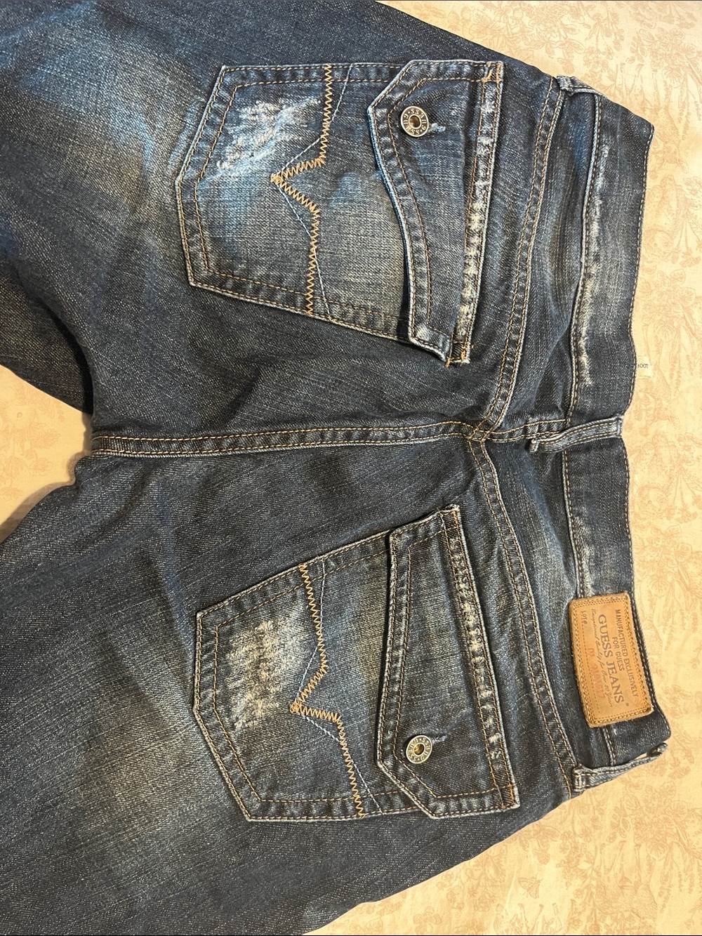 GUESS Men's Dark Blue Slim Straight Jeans with Leather Patch
